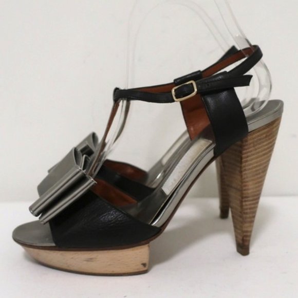Lanvin Bow T-Strap Sandals Silver & Black Size 37 - Picture 6 of 12